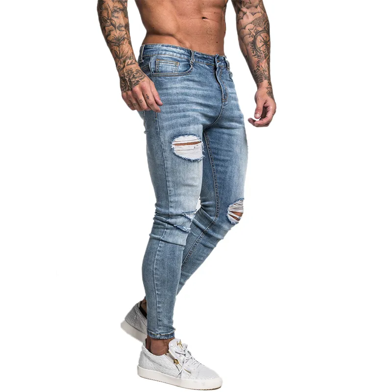 Jeans da uomo Jeans hip-hop skinny elasticizzati riparati Blu chiaro effetto consumato Super skinny slim fit in cotone confortevole