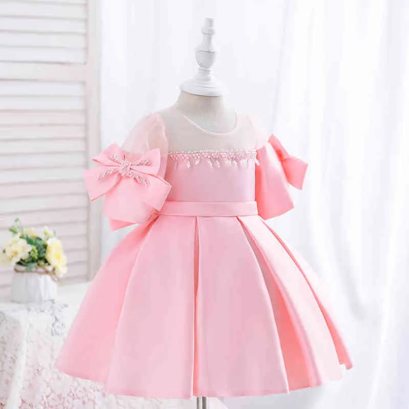 Yoliyolei satin barn klänningar för flicka bowknot korta ärmar eleganta 2-5 år baby tjejer kläder ihåliga utklänning barn klänning g1218