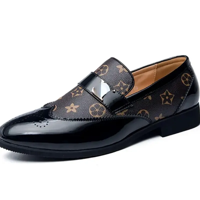 Loafers Men Shoes PU Leather Print Comfortable Suitable Versatile Low Heel Pointed Metal Buckle Decoration Casual British DH021