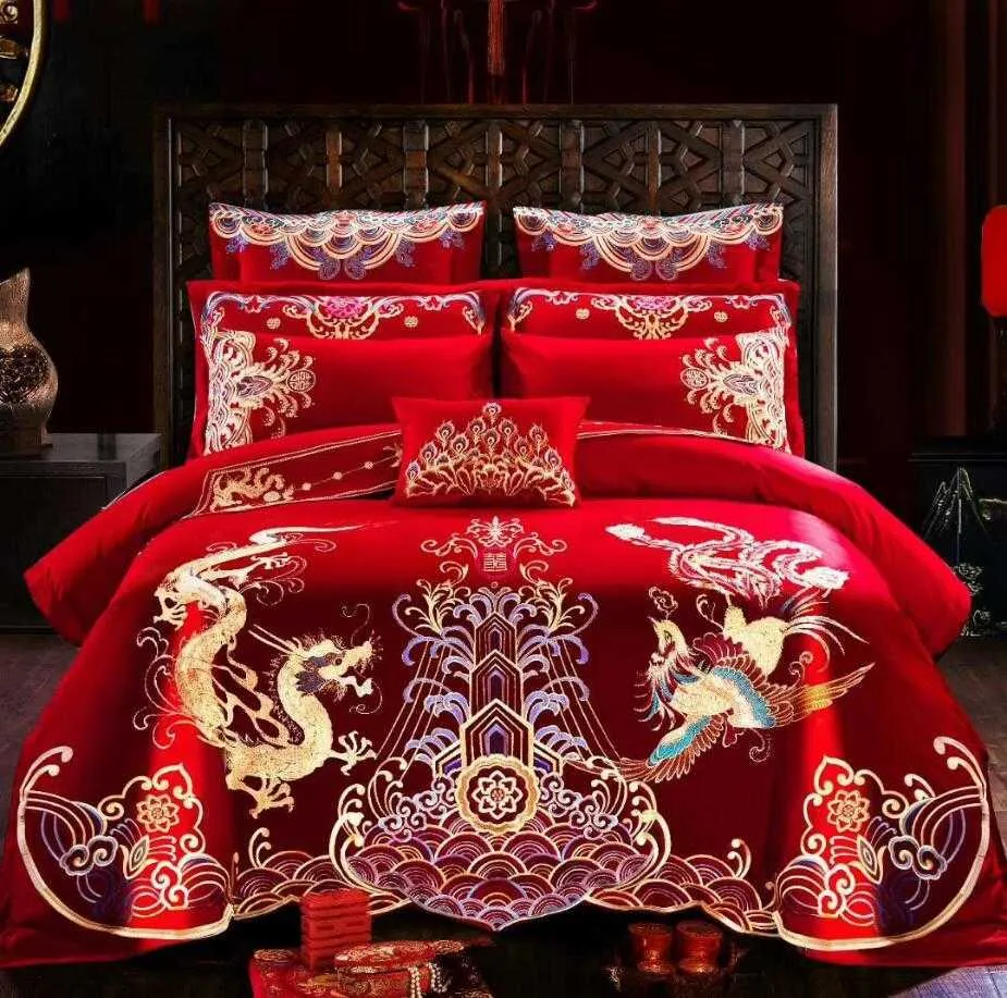 4 6 Stücke Luxus Loong Phoenix Stickerei Rot Bettbezug bettlaken Baumwolle Chinesischen Stil Hochzeit bettdecke Bettwäsche Set Heimtextilien H228l