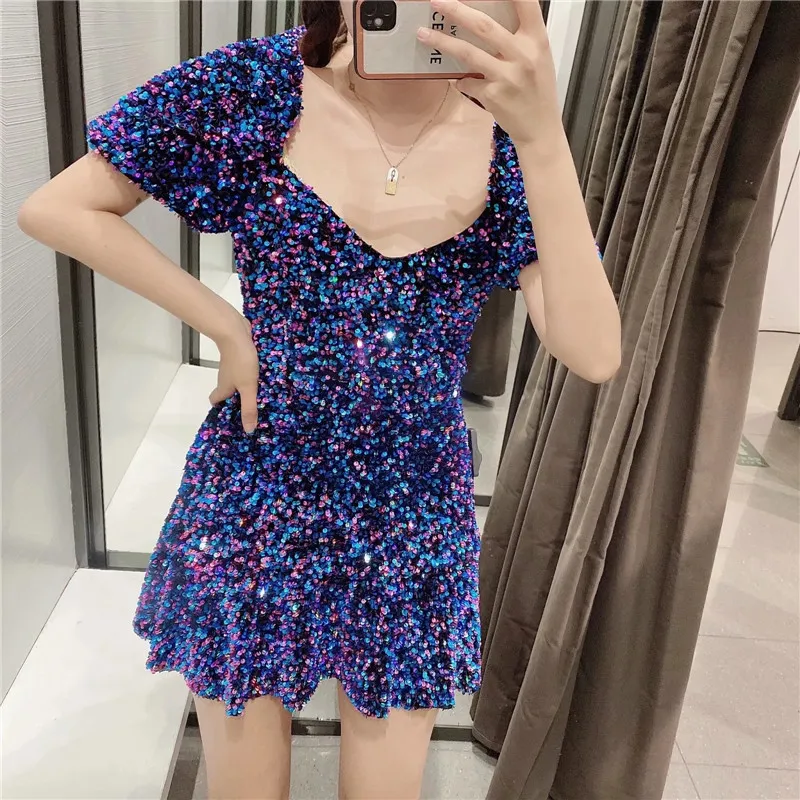 Blue Sequin Mini Dress Women Vintage Sparkly Glitter Short Puff Sleeve Party es Ladies Evening Sexy 210519