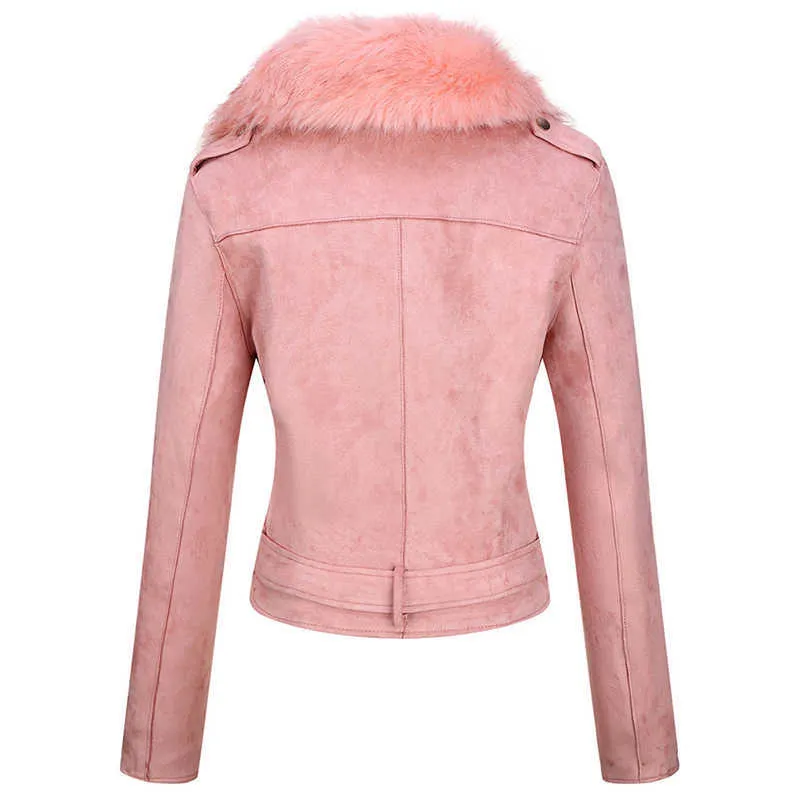 Giolshon Winter Women Grube Ciepłe Faux Suede Jacket Płaszcz Z Pas Zdejmowane Faux Fur Collar Skórzane Kurtki Znosić 211007