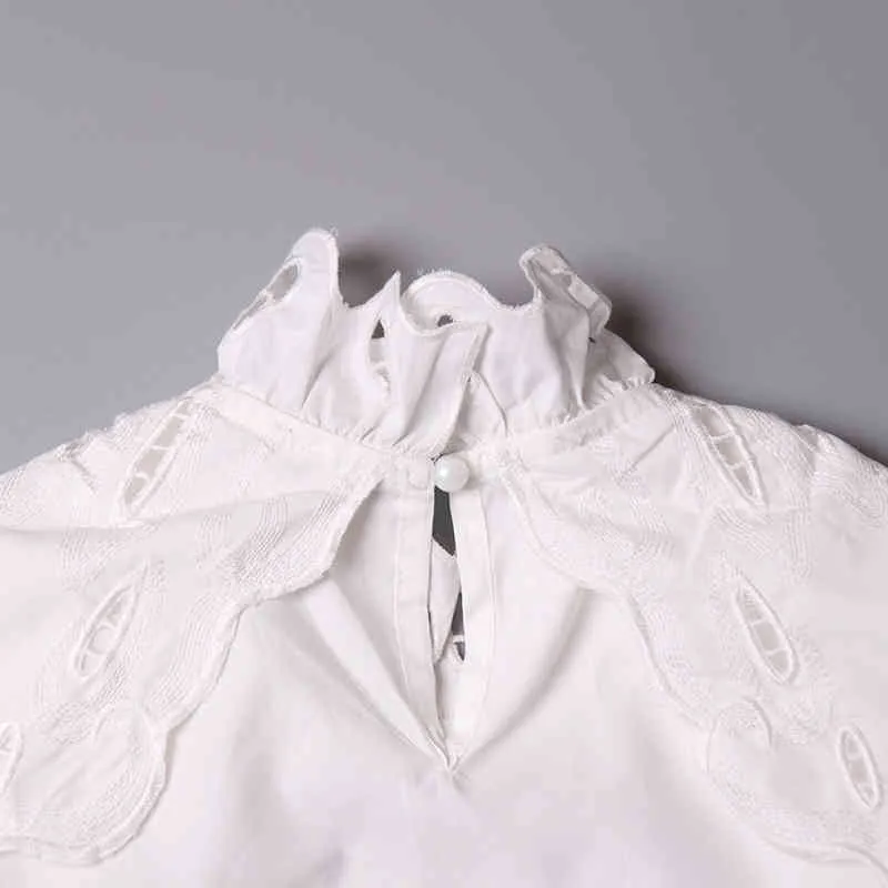Patchwork évider chemisier blanc pour les femmes col montant lanterne à manches longues chemise décontractée automne mode 210524