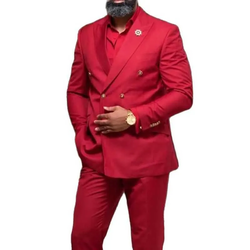 더블 브레스트 빨간 남자 정장 슬림 맞는 피크 옷깃 의상 결혼식 신랑 턱시도 2 조각 남성 패션 자켓 바지 2021 x0909