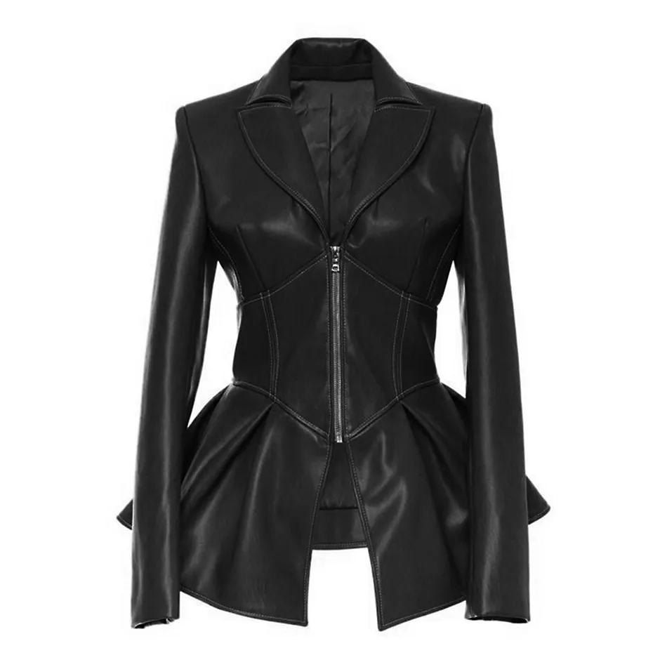 Biker Style PU Patchwork Lrregular Jacka Kvinnor LAPEL Långärmad Hög Vänta Tunika Kvinnlig kappa Höstläder 210524