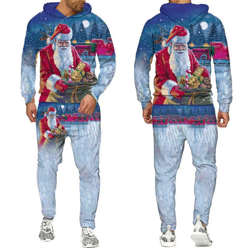 Julklapp Alla Skriv ut Hoodies Byxor Mäns 3D-tracksuiter Unisex Snowman Pullover Sweatshirt Streetwear Suits 211220