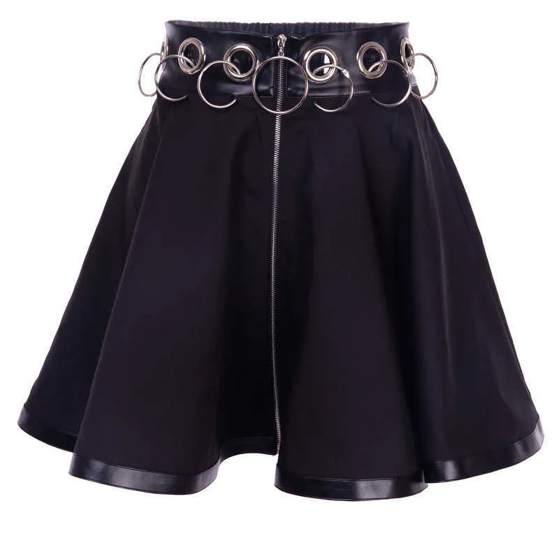 Dark Academia Moda Osobowość Żelaza Hoop Hollow Out Sexy Black Spódnica Gothic Women Zipper PU Bawełna Patchwork Mini krótki 210604