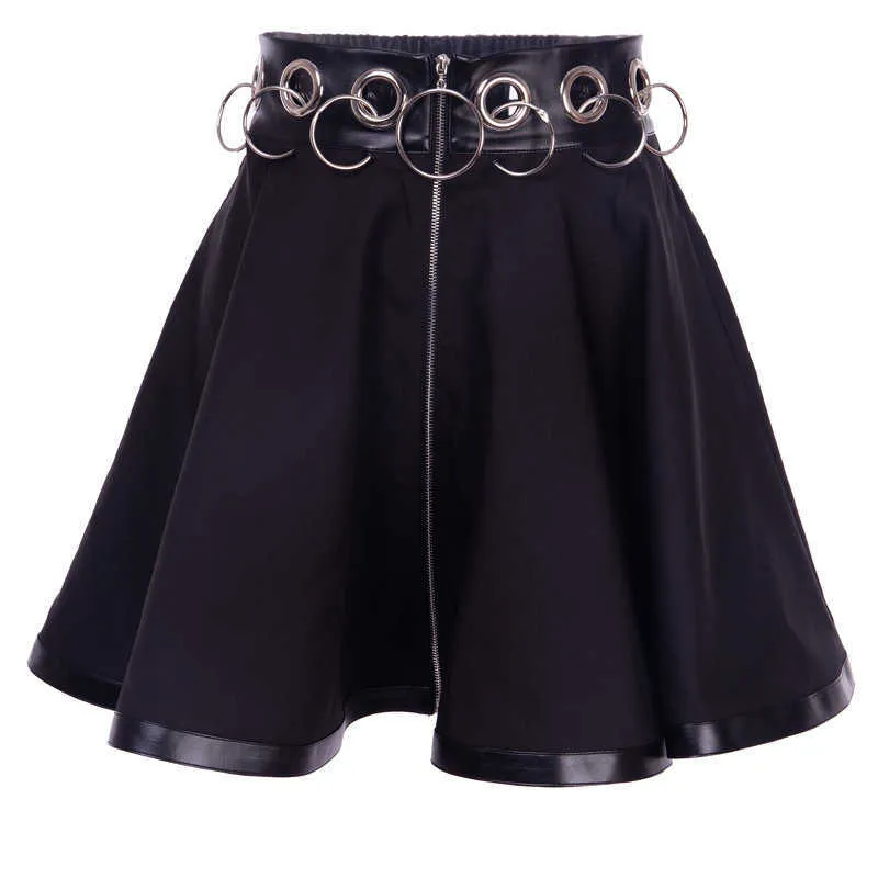 Mörk Academia Mode Personlighet Iron Hoop Hollow Out Sexig Svart Kjol Gothic Kvinnor Zipper PU Bomull Patchwork Mini Short 210604