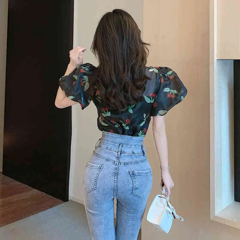 Summer Women Blouses Shirts Puff Sleeve Casual Notched Collar Mesh Printing Vintage Elegant Slim Tops With Lining 210514