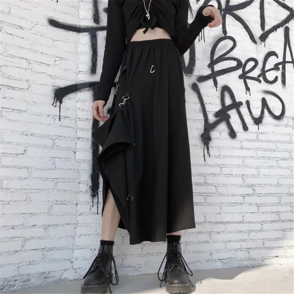 Lâche Hip-Hop Punk Élastique Taille Haute Jupe Cargo Femmes Coréenne Ulzzang Casual Gothique Long Dark Streetwear Noir Saia 210421