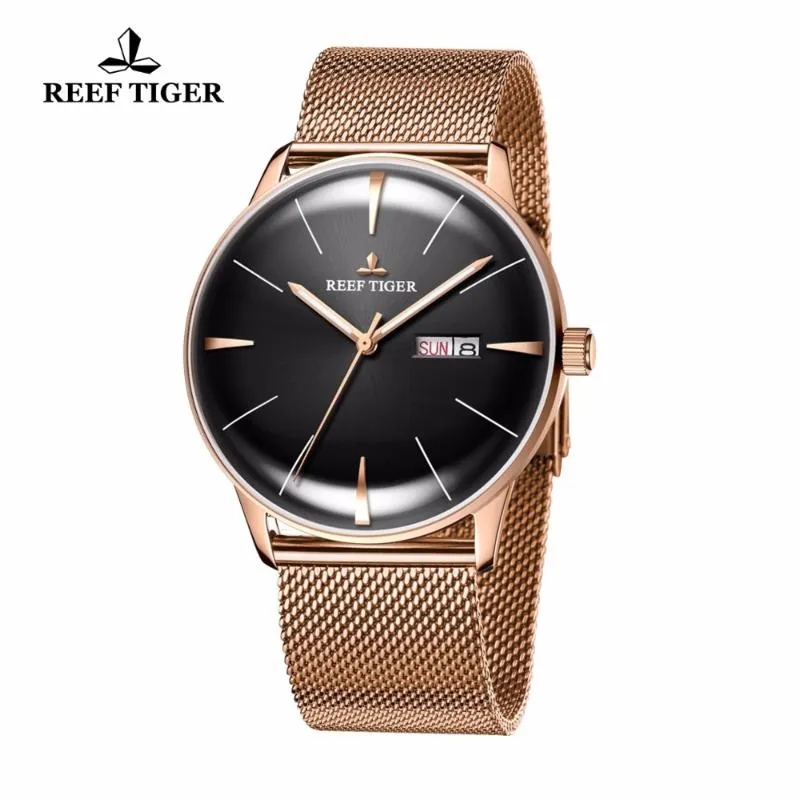 Reef Tiger RT男性用の豪華なシンプルな時計は、日付の日にアナログrga8238 wristwatches2814を備えたローズゴールドオートマチック