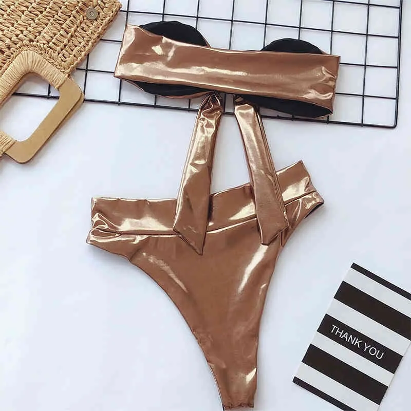 Sexy Stamping Bikini Bademode Frauen Badeanzug Schulterfrei Bandeau Push Up Set Hohe Taille Badeanzug Beachwear 210521