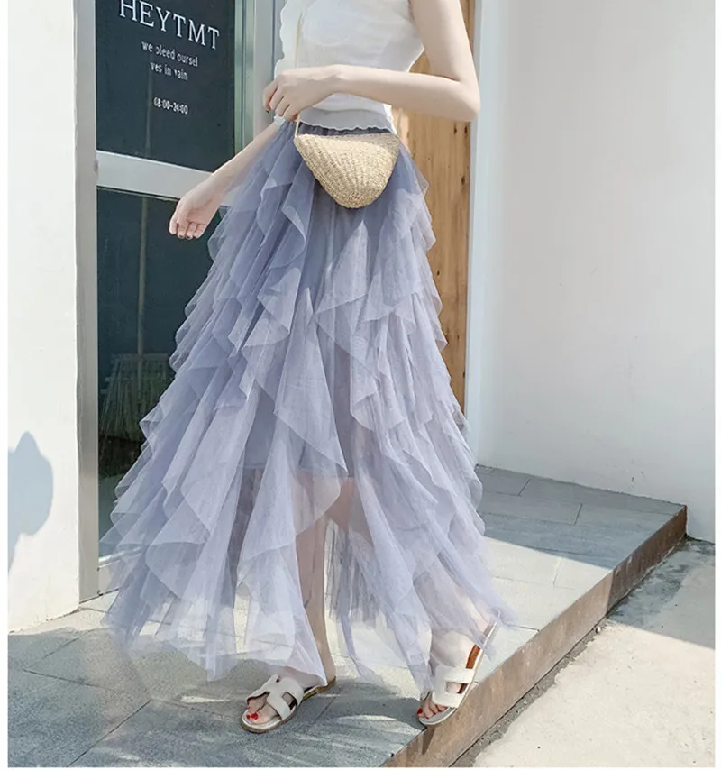 Qooth Puffy Mesh Multi-Layer Cake Skirt Spring Summer Fairy Pleated Skirt Elastic Waist Mid-Length A-Line All Match Skirt QT646 210518