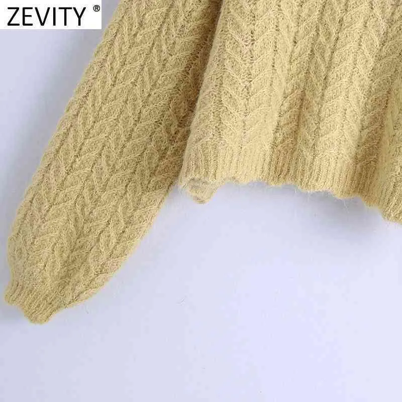 Женщины мода поворотный воротник сплошной пэчворк вязание свитер женский фонарь рукава повседневная шикарный пуловеры топы S521 210420