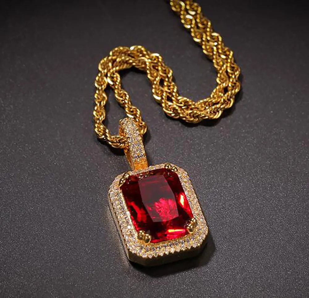 14K الذهب مطلي باللون الأحمر روبي الأزرق المربع الهيب هوب مختبر الماس قلادة الماس المجوهرات المثلجة للرجال هدايا النساء 210D