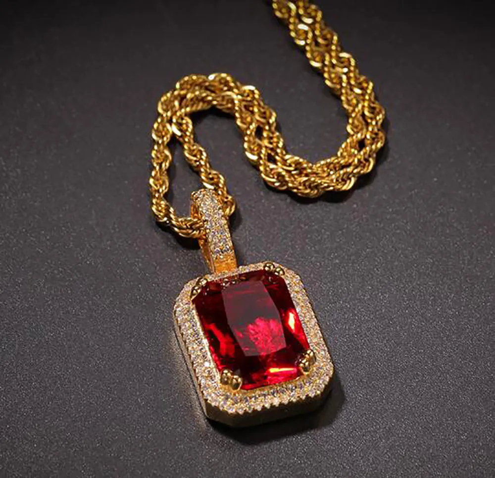 Collier avec pendentif en diamant plaqué or 14 carats, rouge rubis bleu carré Hip Hop Lab, bijoux glacés pour hommes et femmes, cadeaux 185I