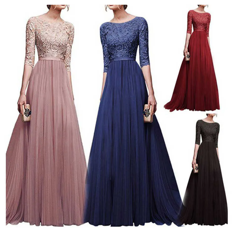 2021 Estilos Hot Sales Mulheres Plus Size 5XL Três Quarter Sleeve Lace Long Evening Party Dress Fit e Maxi Vestido Vesti Y1006