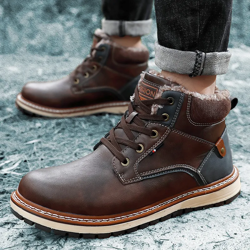 Botines de nieve de invierno para exteriores para hombre, impermeables, antideslizantes, cortos, de felpa, cálidos, para caminar, zapatos planos informales para hombre, zapatillas de deporte a la moda