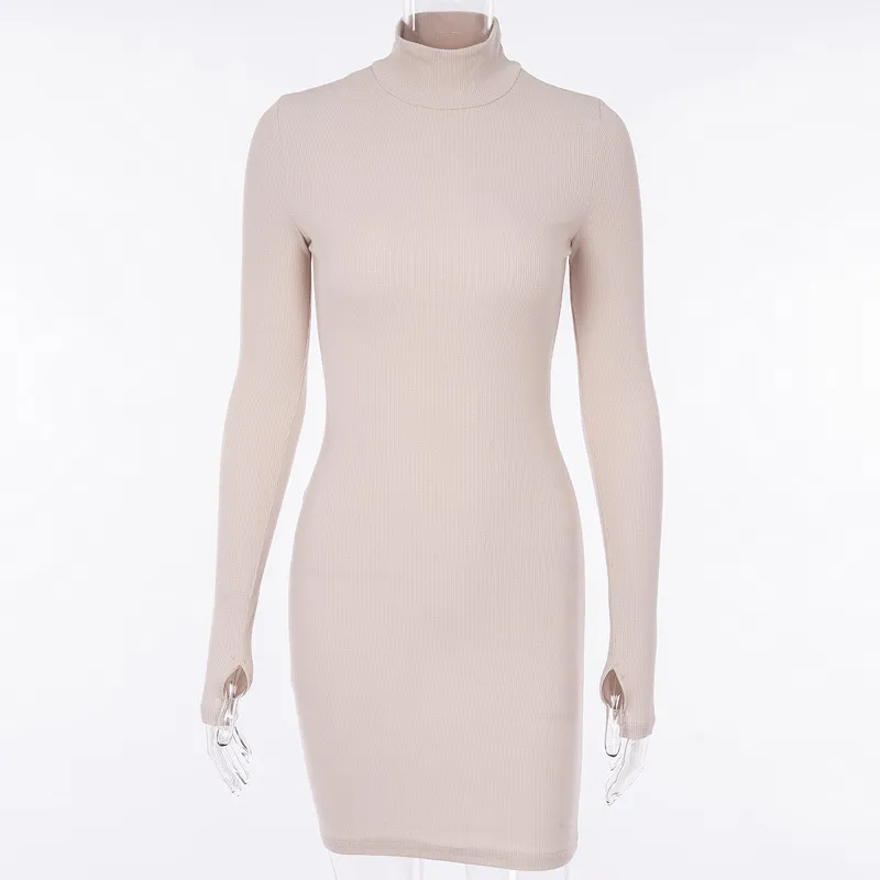 Turtleneck gebreide neon trui jurk vrouwen casual geribbelde bodyon jurk elegante kantoor dames lange mouw jurk vestidos 210415