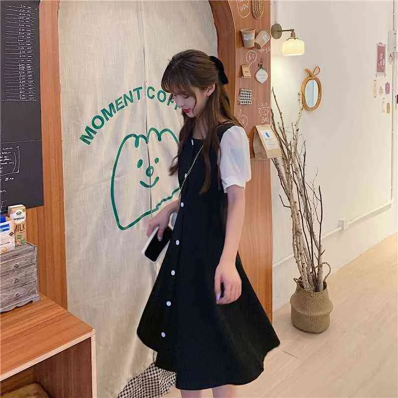 Robe Femmes Casual Patchwork Bouton Fête Chic Filles Élégant Tendre Dames Tout-Match Mode Ulzzang Tendance Chic Élégant Nouveau Y1204