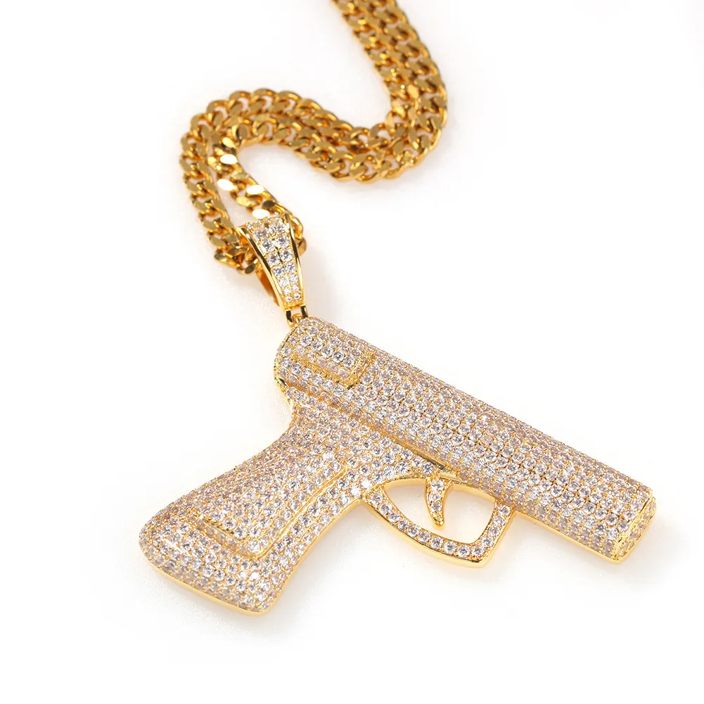 NEW Hip Hop Jewelry GUN Shape Clear CZ Zircons Pendant Necklace Gold Plated with Chain for Men Women Nice Lover Gift Rapper Jewelry Gift
