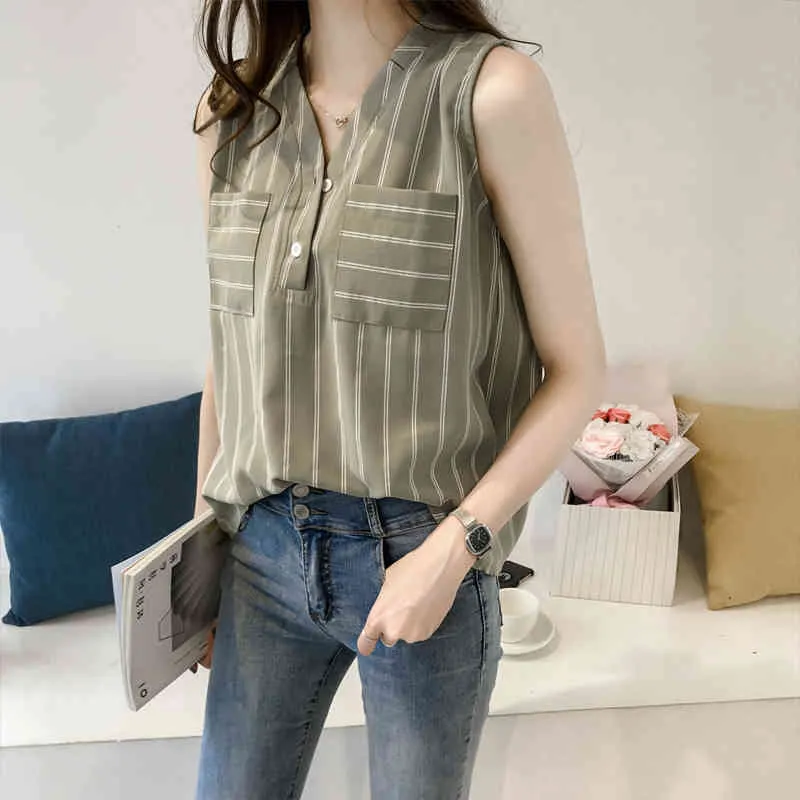 Striped Shirt Top Women Fashion Sleeveless Chiffon Blouse Female Summer Big Code Loose Size Outside Wearing Pattern 3705 50 210417