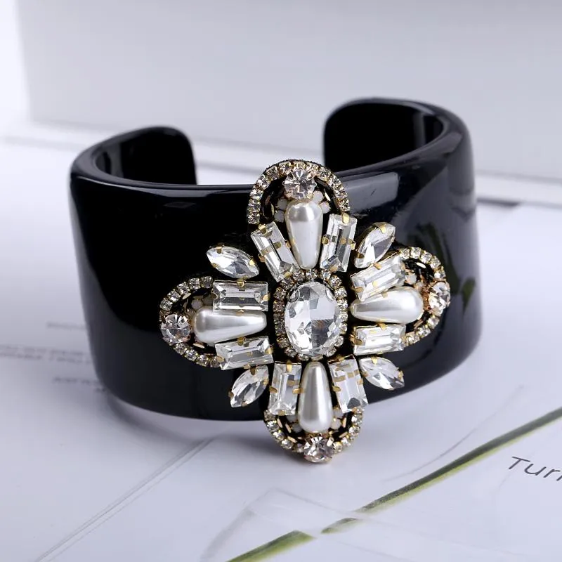 Bangle HAHA&TOTO Trendy Black Resin Inlaid Handmade Crystal Beaded Flower Statement Women Jewelry 3297291z