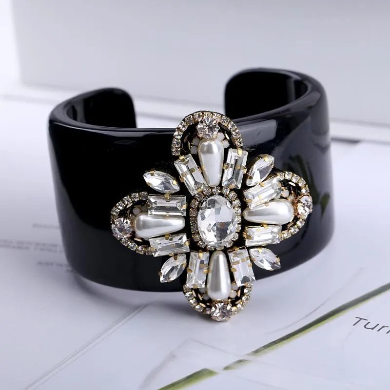 Bracciale HAHATOTO Trendy resina nera intarsiata a mano in cristallo con perline fiore dichiarazione gioielli da donna 3297285u