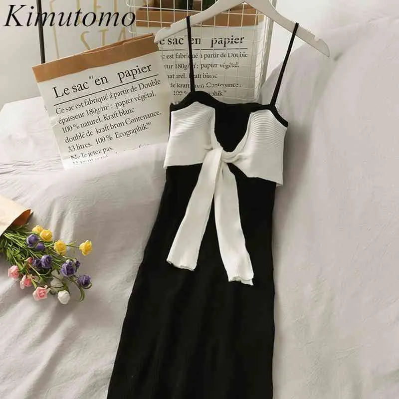 KIMUTOMO Lente zomer jurken vrouwen strikje omhoog mouwloze slanke taille spaghetti band breien vestido de mujer 210521