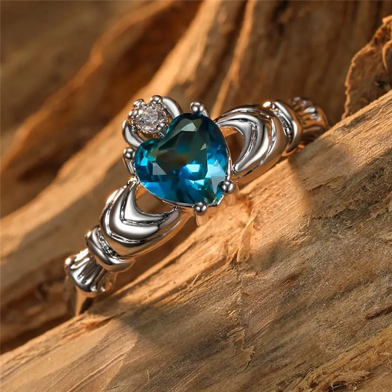 Cluster Ringen Blauw Groen Kristal Zirkoon Hart Claddagh Voor Vrouwen Bruiloft Mode-sieraden Rose Goud Regenboog Steen Engagement Promis292Y