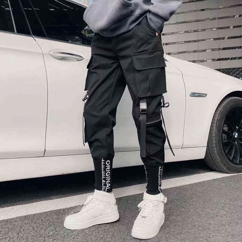 Japanese Fashion Sweatpants Streetwear Cargo Pants for Men Ribbon Pockets Joggers Techwear Men's Trousers Hip Hop 211108