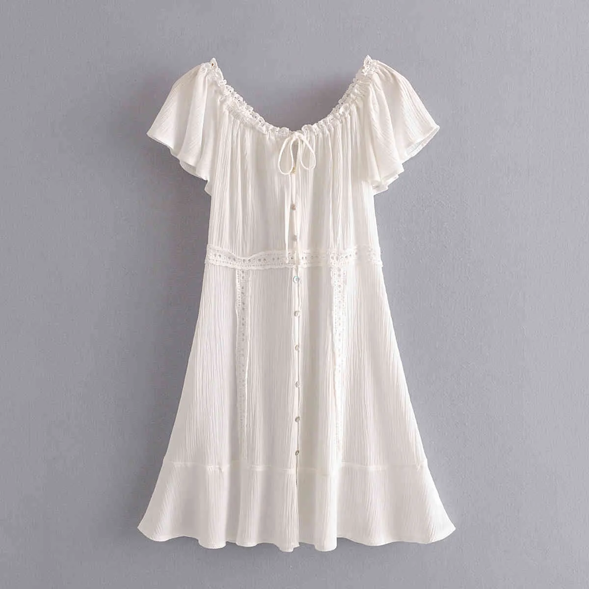 Foridol Off Shoulder White Embriodery Dress Summer Women Crochet Lace Up Beach Dress Button Flare Sleeve Cotton Dress Vestidos 210415