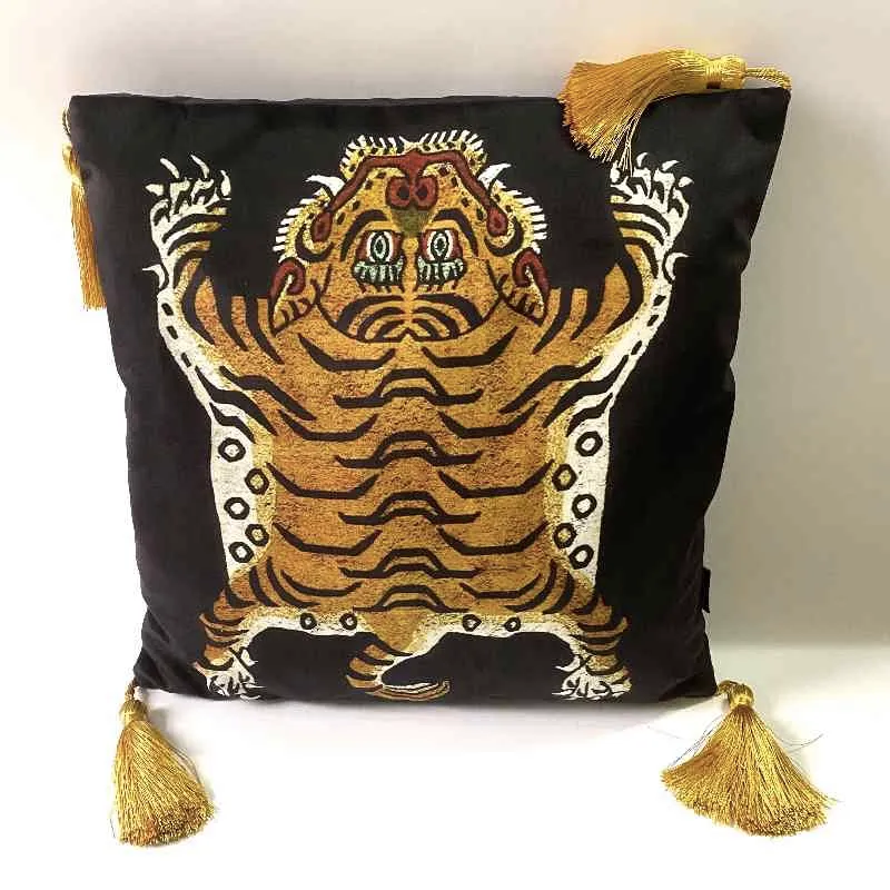 DunxDeco Coush Cope Decorative Square Pillow Case Vintage Artistic Tiger Print Tassel Soft Velvet Coussin Dofa Стул.