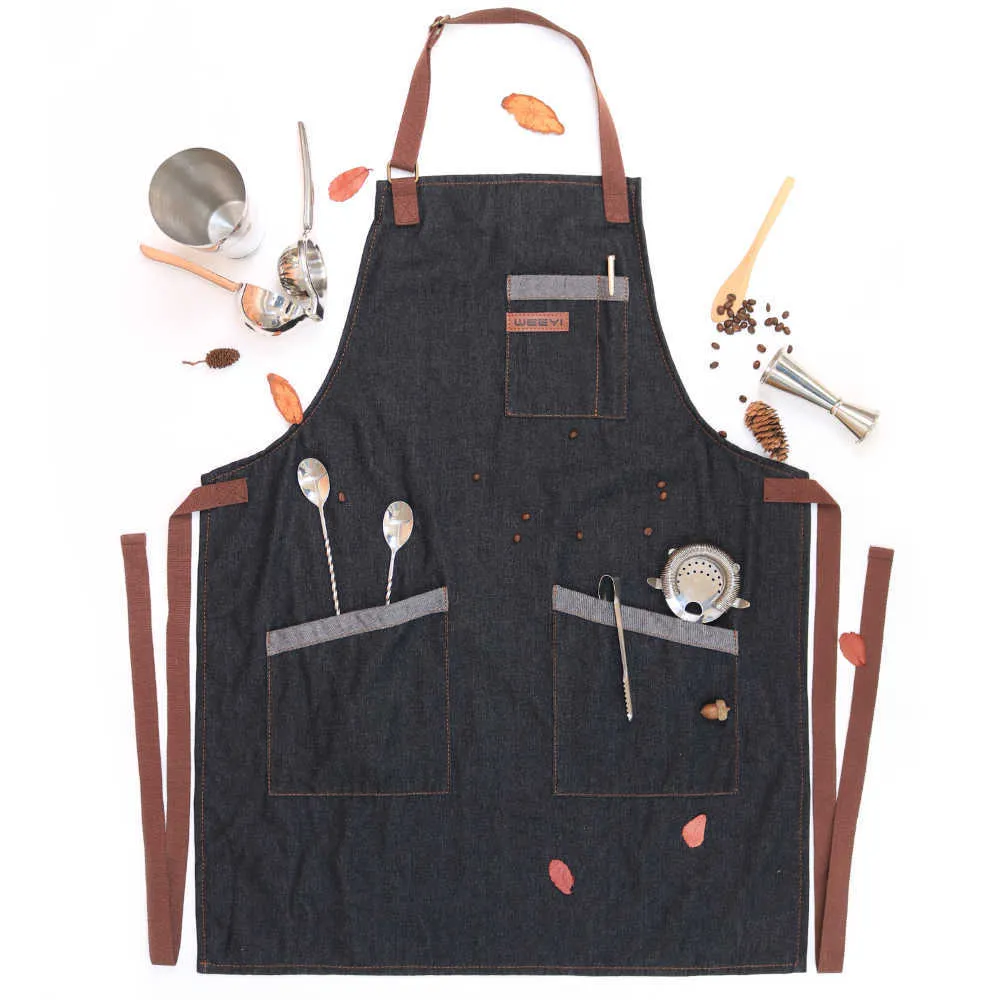 WEEYI Kitchen Apron Men Women Unisex Black Working Denim Chef Restaurant Cooking s For Bartender Waiter Cafe Shop BBQ 210629