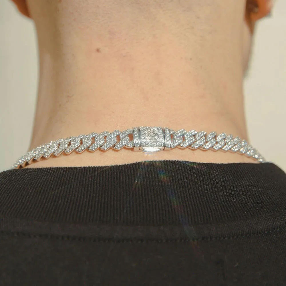 Ожерелье-цепочка с бриллиантовым зубцом 10 мм, белое золото 14 карат, 2 ряда, ювелирные изделия с ледяным кубическим цирконием, 16-24 дюйма, кубинская цепочка241k