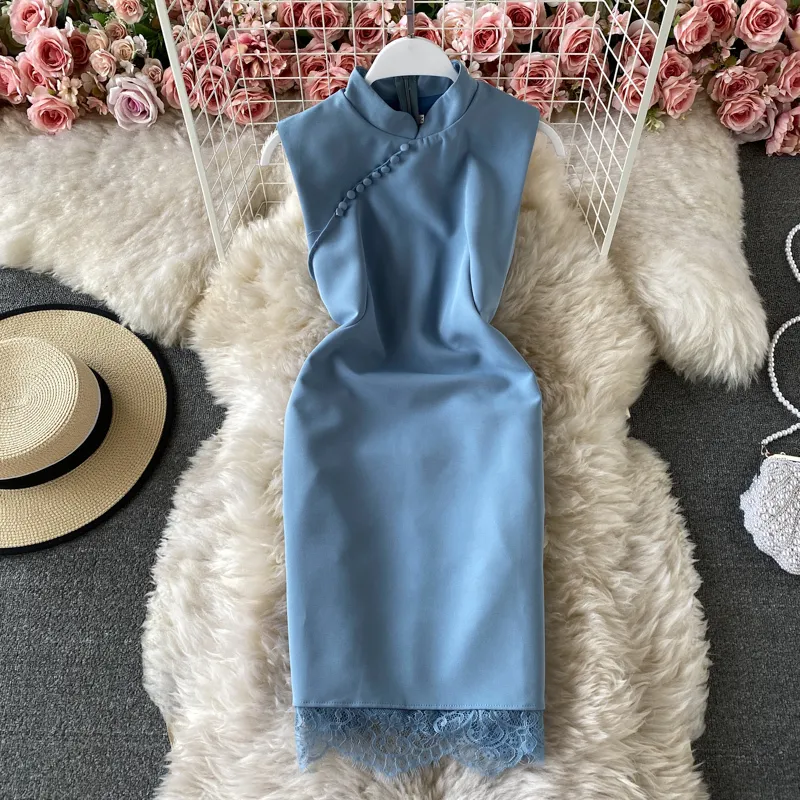 zomer elegante jurk vrouwelijke sexy cheongsam kant stiksels slanke mouwloze strakke heup voor dames vestidos 210420