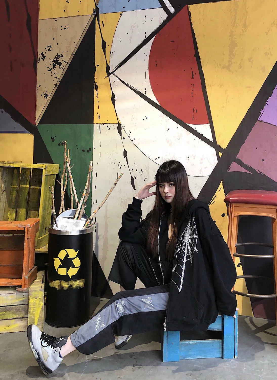 Harajuku Outwear Zipper Sweatshirts Emo Alt Clothing Gothic Punk Spider Web Hooded Women Fairy Grunge Dark Plus size hoodies 210813