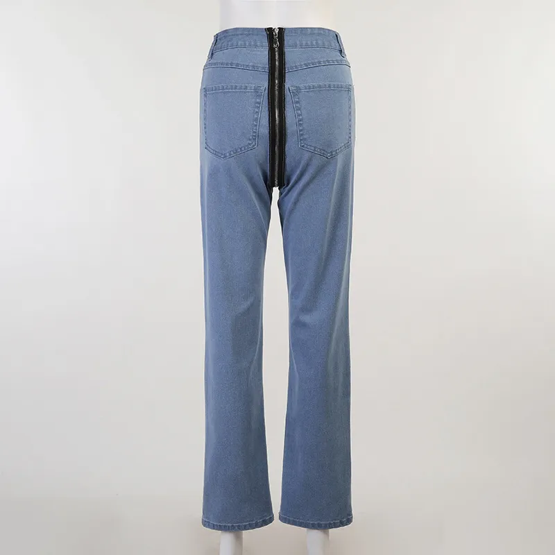 Y2K Sexy Back Zipper Long Jeans Women Classic High Waist Skinny Pencil Light Blue Denim Pants Elastic Wrap Hip Cowl Trousers 210517