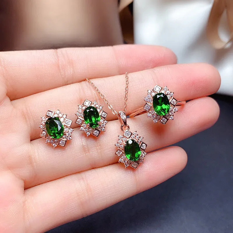 Zielony Kryształ Szmaragd Gemstones Zestawy Biżuterii Dla Kobiet 18 K Róża Złota Kolor Stadniny Kolczyki Naszyjniki Bijoux Party Prezenty