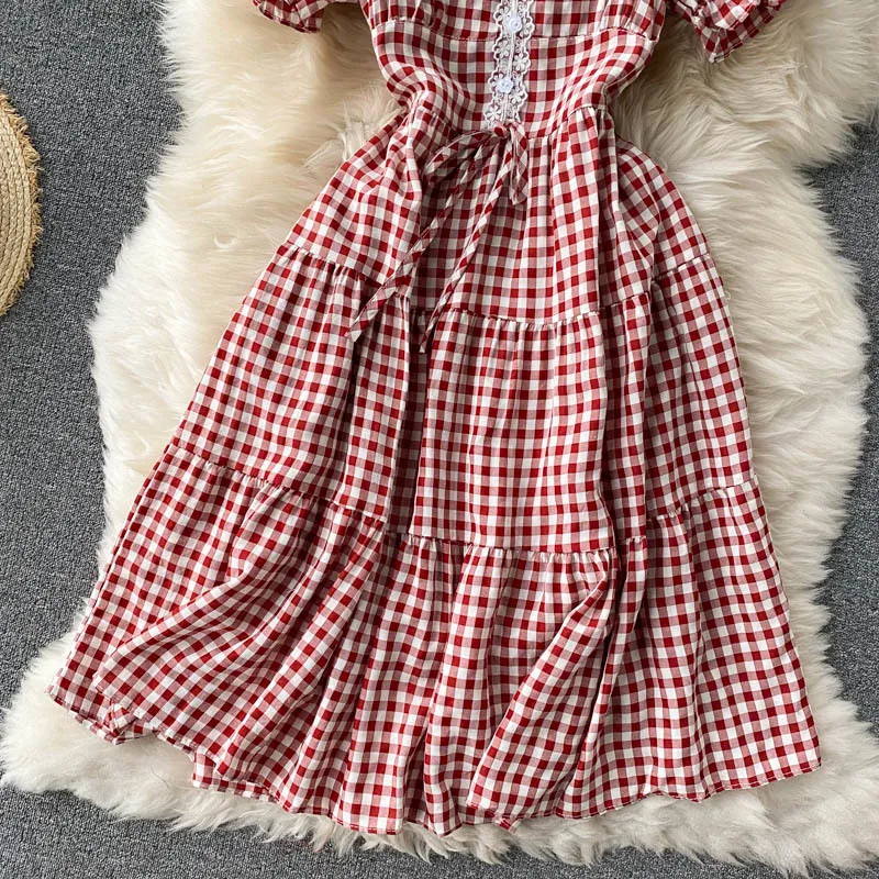 Singreiny Femmes Robe à plaid coréenne Soue manche bouffante V couche A-Line Robes Robes Summer Casual Retro Streetwear Robe 210419