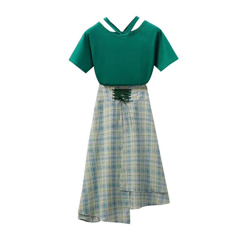 Korean Style Summer Women's Short Sleeves Cotton T-shirt + Plaid Skirts sets Female Fashion Suits Outfit L-4XL 210428