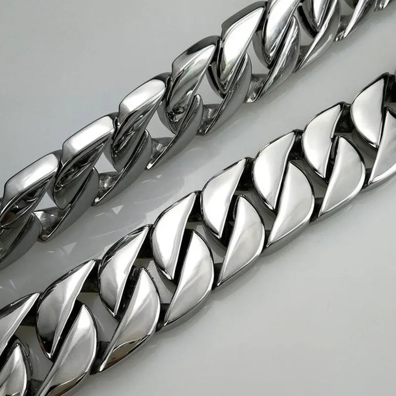 Cadenas de calidad superior Tono de plata 32 mm de ancho 316L Acero inoxidable Pulido Curb Sólido Pesado Cadena larga Joyería249L