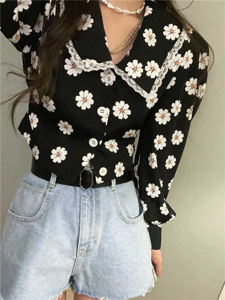 Retro Kleine Gänseblümchen Blumen Crop Tops Spitze Patchwork Peter Pan Kragen Verband Taille Puppe Hemden Schlank Chiffon Bluse Camisas Mujer 210610