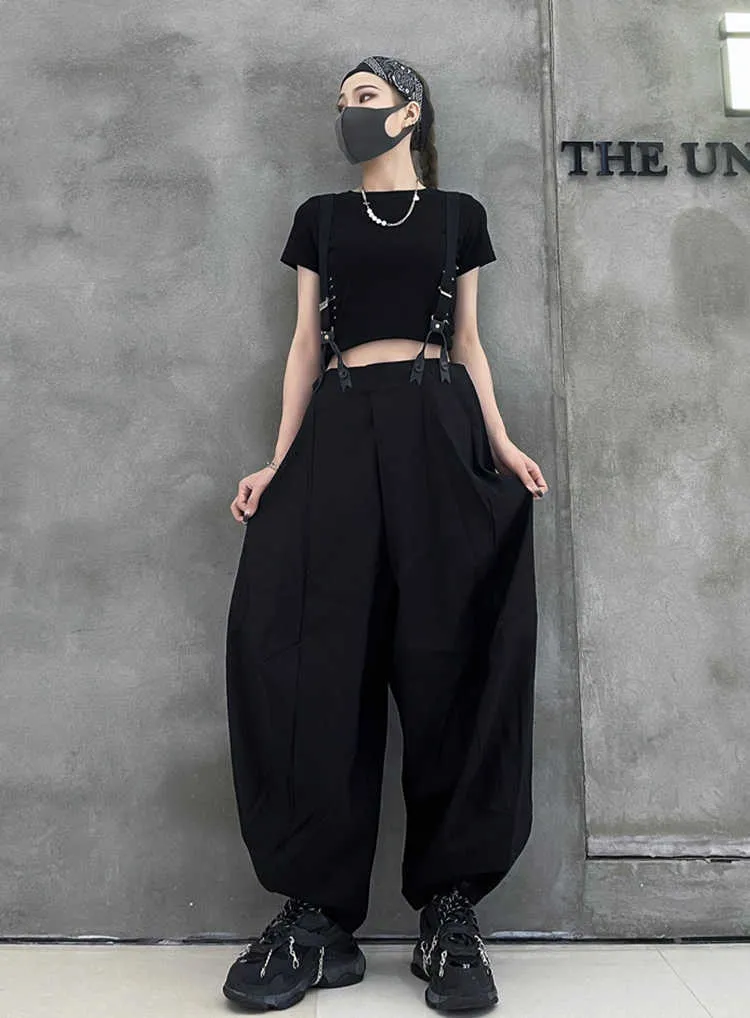 [EAM] cintura elástica alta preta preta macacão casual calças novas soltas cabanas calças mulheres moda maré verão verão 2021 1DE0461 q0801