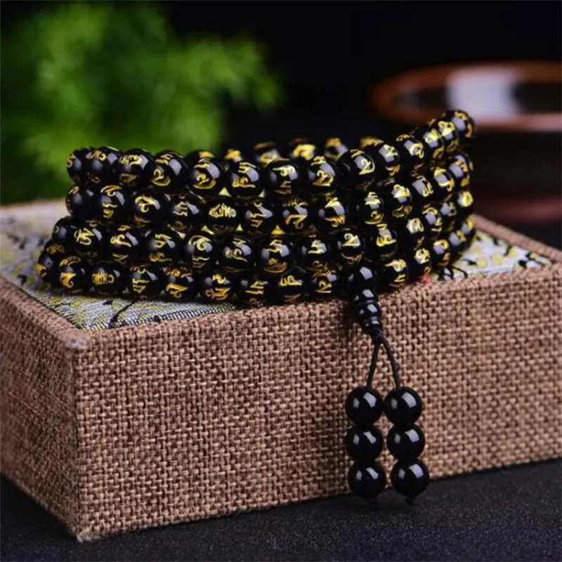 8mm 108 Six mots de perles de mantra Bracelets d'obsidienne fête mode Mala méditation faite à la main bijoux magnifiques envoûtant Bangle281u
