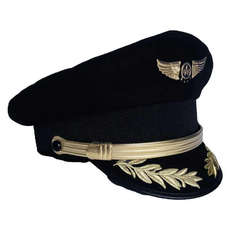 Benutzerdefinierte gehobene Pilotenkappe Flugkapitän Hut Uniform Halloween Party Erwachsene Männer Militärhüte Schwarz Für Frauen Breite Krempe243A
