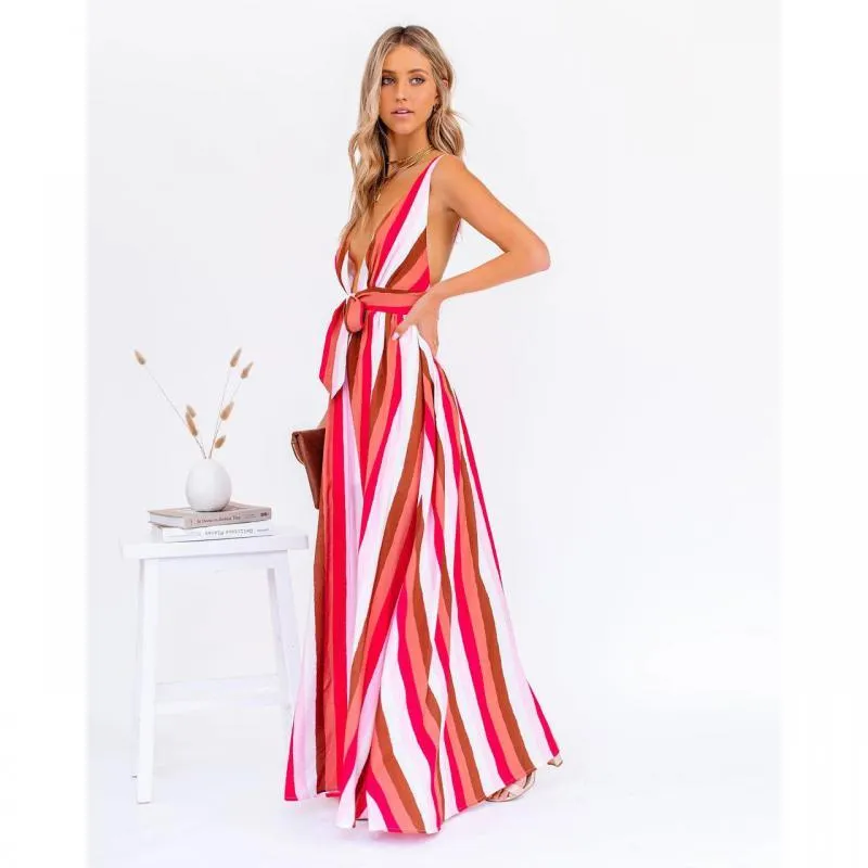 Women Dress Patchwork Striped Bohemia es Sexy Backless Deep V Neck Maxi es Loose Casual Plus Size Beach 210524