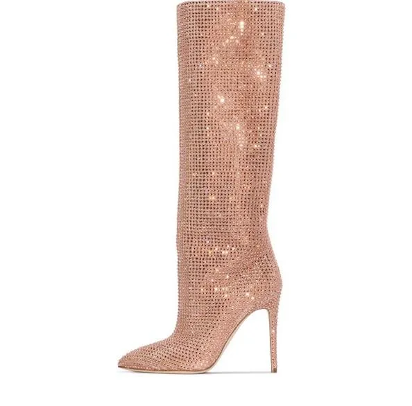 Bling Pink Crystal Rhinestone Thin Heels Pleated Knee High Boots Woman Sexy Pointed Toe Party Tube Slip On Long Botas Shoes