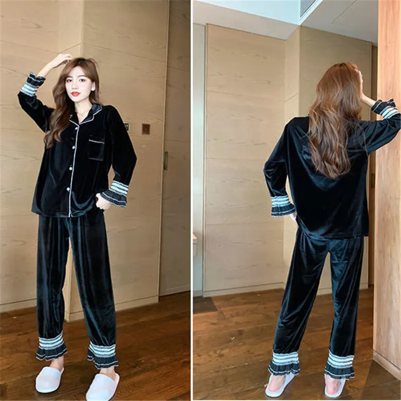 Samt Spitze Spleißen Elegante Pyjama Sets Langarm Top + Hose Nachtwäsche Frauen Koreanische Stil Frühling Schwarz Weiß Pijama Hause anzug 210421