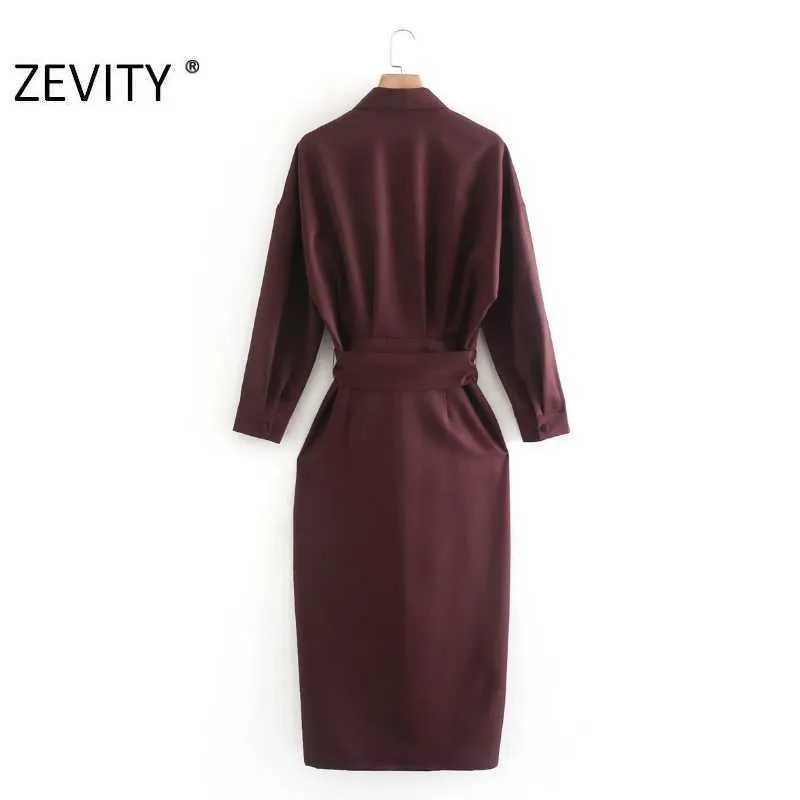 Zevity Women Vintage Solid Breasted Bow Tied Sashes Midi Dress Femme Batwing Sleeve Casual Slim Vestido Chic Clothing DS4627 210603